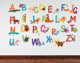 Full Colour Animal Alphabet Kids Wall Decal  Bedroom Educational Playroom Nursery Wall Sticker