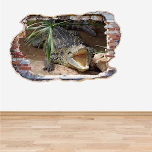 Crocodile Snapping Wall Decal Smashed Wall 3D Effect Under the Sea Ocean Sticker Mural Cracked Wall Graphic