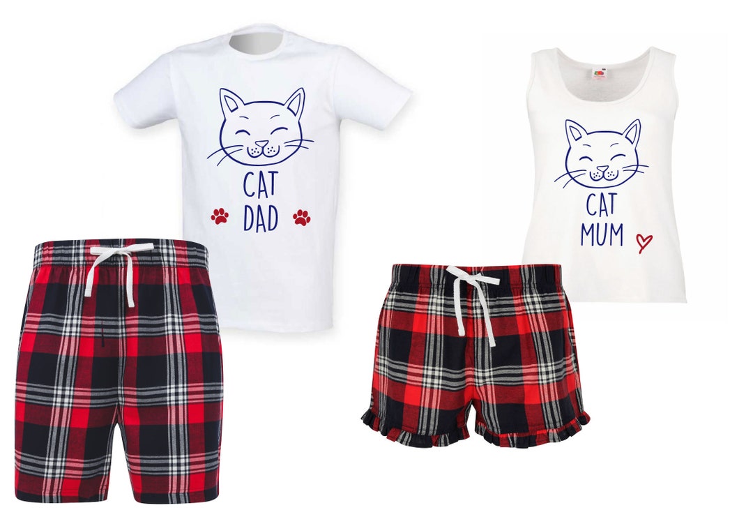 Couples Cat Pyjamas Cat Mum Dad Family Red Tartan Pyjamas Short Set Pj ...