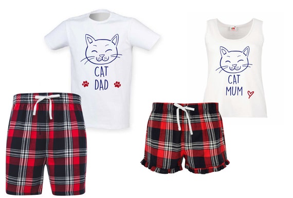Couples Cat Pyjamas Cat Mum Dad Family Red Tartan Pyjamas Short