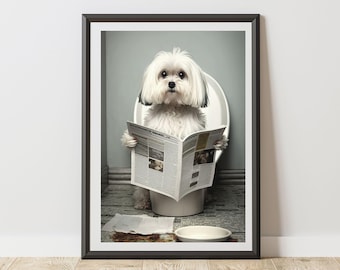 Maltese Print On Toilet Reading A Newspaper Bathroom Poster| Humorous Animal Art | Quirky Dog Wall Decor for WC Ensuite