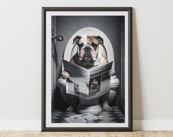 Bulldog Print On Toilet Reading A Newspaper Bathroom Poster | Humorous Animal Art | Quirky Dog Wall Decor for WC Ensuite
