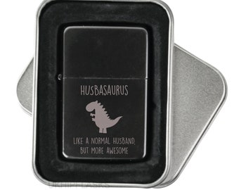 Husband Lighter Black Husbasaurus Engraved Flip Lighter In Tin Gift Box