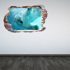 Polar Bear Wall Decal Smashed Wall 3D Effect Under the Sea Ocean Sticker Mural Cracked Wall Graphic