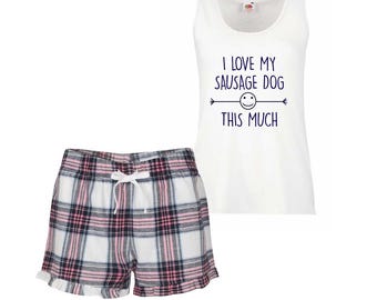 Ladies Sausage Dog Pyjamas I Love My Sausage Dog This Much  Short Frill Tartan PJ's Navy Text