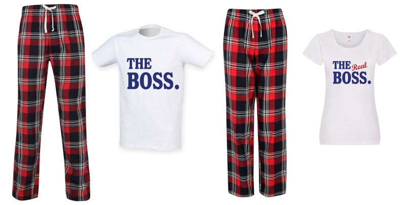 Couples Pyjamas The Boss The Real Boss Wedding Honeymoon Red Tartan Pajamas Long Set PJ's Pyjamas Fathers Day image 1