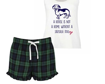Ladies Sausage Dog Pyjamas A House Is Not A Home Without A Sausage Dog Short Frill Tartan PJ's Navy Text