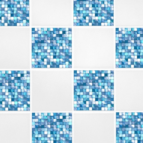 Aqua Blue Mosaic Tile Transferts 6 « x 6 » imprimé imperméable à l’eau Vinyl Tile Autocollants Pack de 10