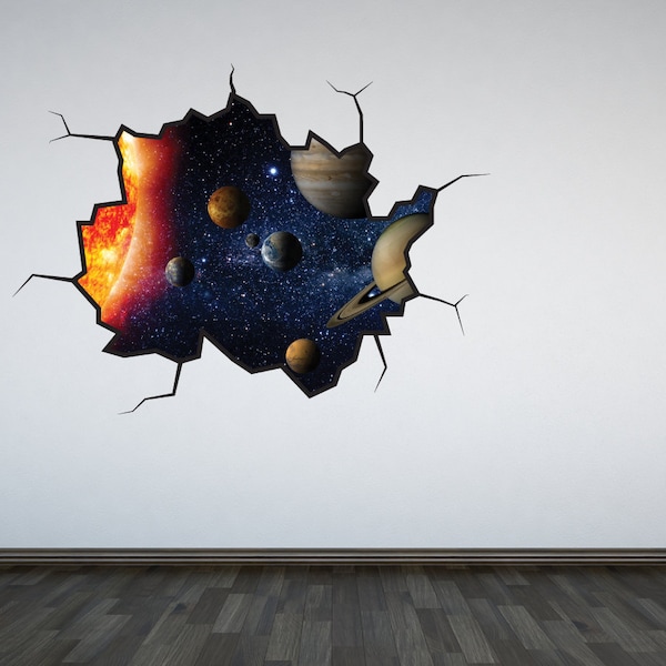 Solar System Wall Decal Outer Space Sticker Mural Outer Space Cracked Wall Graphic
