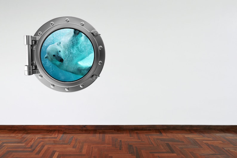 Full Colour Wall Decal Polar Bear v2 Silver Porthole Wall Sticker Ocean Sea Life Bathroom Kids