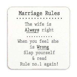 Novelty Gift Coaster Marriage Rules Funny Gift Idea Present Engagement Wedding Anniversary Birthday