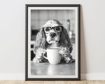 Cocker Spaniel Print Drinking Coffee Wall Art Poster, Quirky Dog Decor for Kitchen, Office, Cafe, Home, Conversation Starter