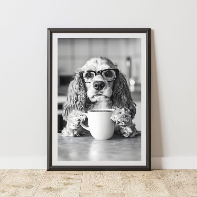 Cocker Spaniel Print Drinking Coffee Wall Art Poster, Quirky Dog Decor ...