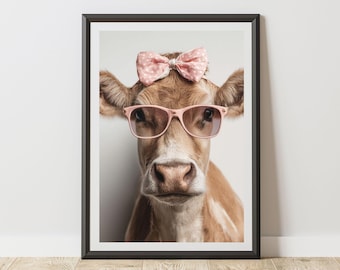 Animal Print Cow Wearing Pink Sunglasses and Bow Wall Art Poster, Decor for Dressing Room, Kitchen, Office, Home