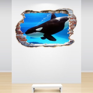 Orca Whale Wall Decal Smashed Wall 3D Effect Under the Sea Ocean Sticker Mural Cracked Wall Graphic