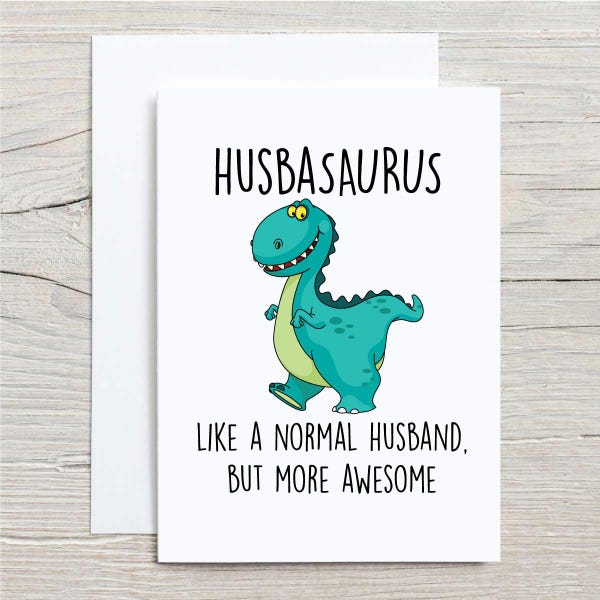 Karta urodzinowa męża z dinozaurem Husbasaurus Mąż żona dziewczyna chłopak