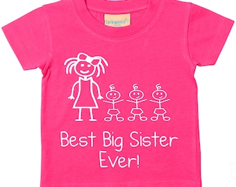 Triplets Best Big Sister Ever T Shirt Pink White Tshirt Kids