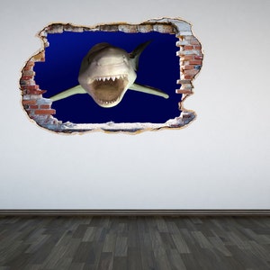 Great White Shark Wall Decal Smashed Wall 3D Effect Under the Sea Ocean Sticker Mural Cracked Wall Graphic