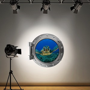 Porthole Turtle Wall Decal Full Colour Turtle Sea Silver Porthole Wall Sticker Ocean