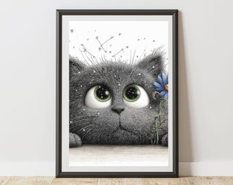 Kitten Print Illustration Daydreamer Cat Wall Art Poster, Fun Animal Sketch Decor for Nursery, Kids Bedroom, Playroom, Home