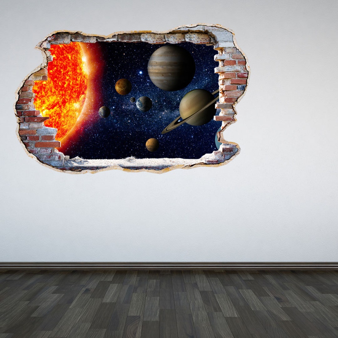 Solar System Wall Decal Smashed Wall 3D Effect Outer Space Sticker ...