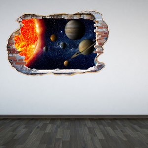 Solar System Wall Decal Smashed Wall 3D Effect Outer Space Sticker Mural Outer Space Cracked Wall Graphic