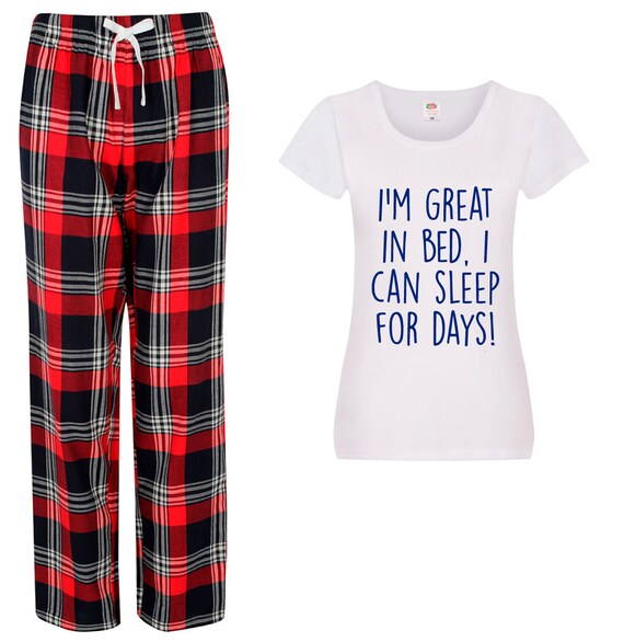 Funny Pj s Pyjamas I m Great in Bed I Can Sleep for Days Tartan Pajamas Etsy UK