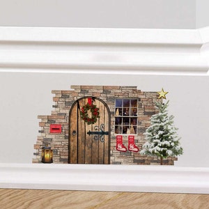 Christmas Fairy Cottage Door Wall Decal Sticker Mural Skirting board sticker Quirky Wall Sticker Decorative Wreath Christmas Tree