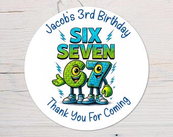 Personalised 67 Birthday Vinyl Stickers, Thank You for Coming Circle Stickers Custom Waterproof Party Bag Labels Sweet Cone Labels Six Seven