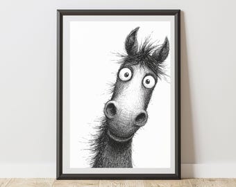 Horse Print Illustration Peeking Wall Art Poster, Fun Animal Sketch Decor for Nursery, Kids Bedroom, Playroom, Home
