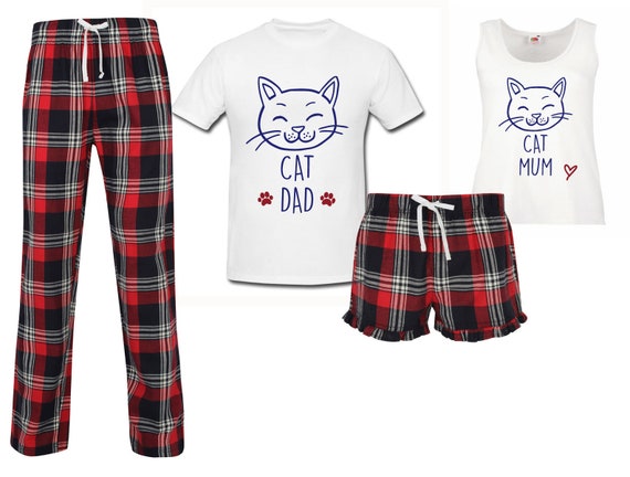 Couples Cat Pyjamas Cat Mum Cat Dad Red Tartan PJ s