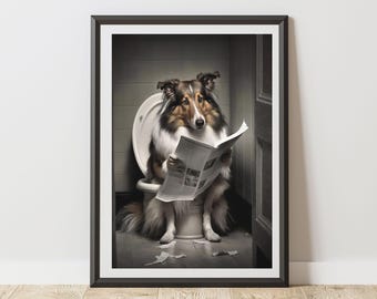 Collie Print On Toilet Reading A Newspaper Bathroom Poster | Humorous Animal Art | Quirky Dog Wall Decor for WC Ensuite