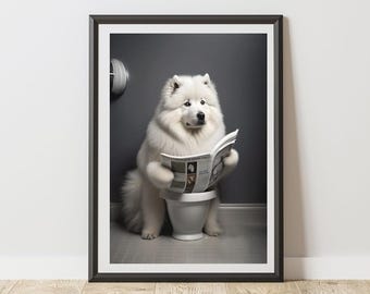 Samoyed Print On Toilet Reading A Newspaper Bathroom Poster | Humorous Animal Art | Quirky Dog Wall Decor for WC Ensuite