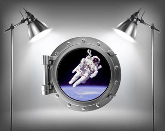 Full Colour Wall Decal Astronaut v2 Porthole Wall Sticker Space Stars Kids Bedroom Astrology