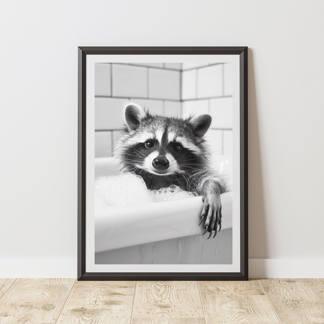 Raccoon Print in A Bath | Quirky Animal Wall Art Poster for Bathroom or ...