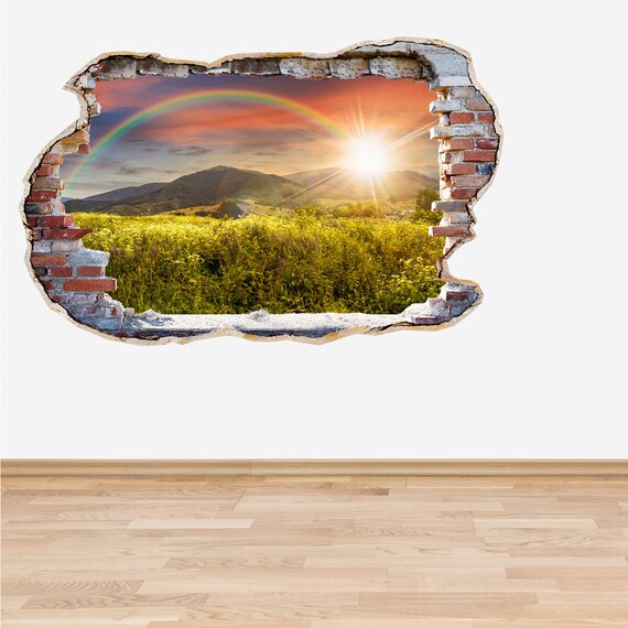 rainbow wall decal smashed wall rainbow 3d effect sticker | etsy