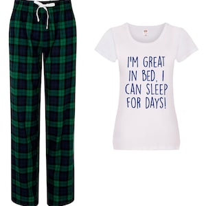 Funny PJ&#39;s Pyjamas I&#39;m Great In Bed I Can Sleep For Days Tartan Pajamas