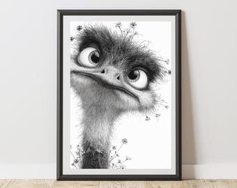 Ostrich Print Illustration Peeking With Daisies Wall Art Poster, Fun Animal Sketch Decor for Nursery, Kids Bedroom, Playroom, Home