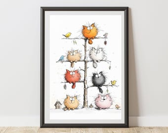 Kitten Print Illustration Cats & Birds On A Tree Wall Art Poster, Fun Animal Sketch Decor for Nursery, Kids Bedroom, Playroom
