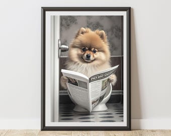 Pomeranian Print On Toilet Reading A Newspaper Bathroom Poster | Humorous Animal Art | Quirky Dog Wall Decor for WC Ensuite