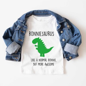 Personalised Dinosaur Tshirt Cotton Kids Personalized Bespoke Own Name Sibling Children Toddler Gift Present image 2