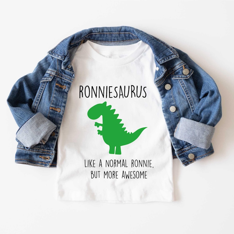 Personalised Dinosaur Tshirt Cotton Kids Personalized Bespoke Own Name Sibling Children Toddler Gift Present image 2