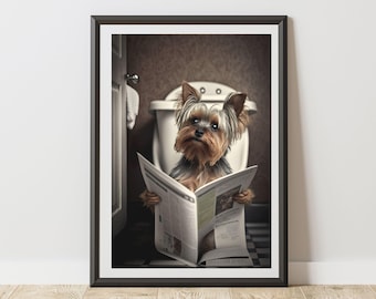 Terrier Print On Toilet Reading A Newspaper Bathroom Poster | Humorous Yorkie Art | Quirky Dog Wall Decor for WC Ensuite
