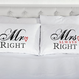 Couples Pillowcases Mr Right Mrs Always Right Printed Pillow Case Wedding Engagement Marriage Valentines 200TC 100%Cotton Excellent Quality
