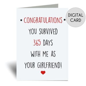 Afdrukbare verjaardagskaart digitale download Gefeliciteerd je hebt 365 dagen met mij overleefd als je vriendin downloadbaar instant