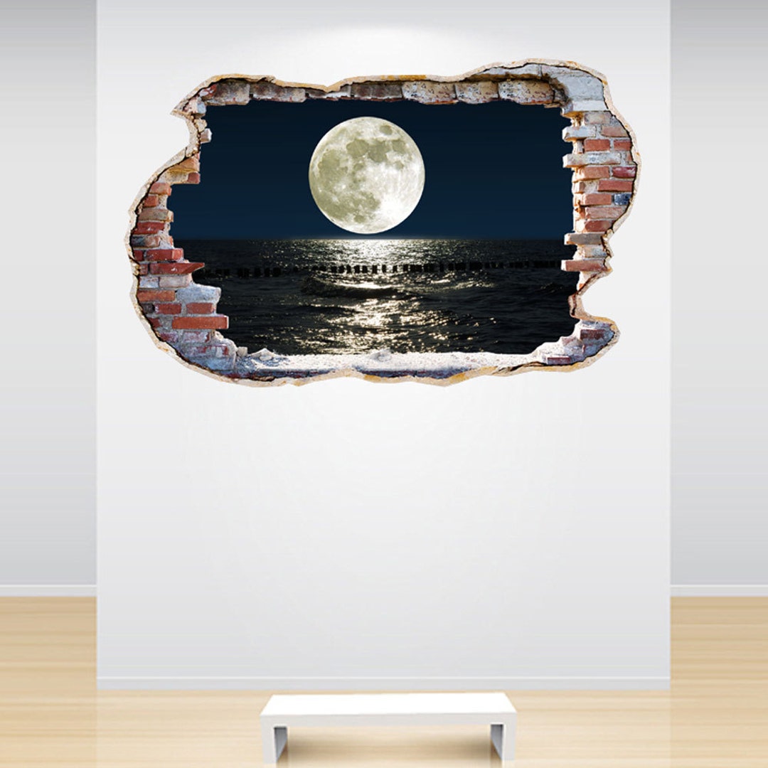 Moon Wall Decal Smashed Wall 3D Effect Outer Space Sticker Mural Outer ...