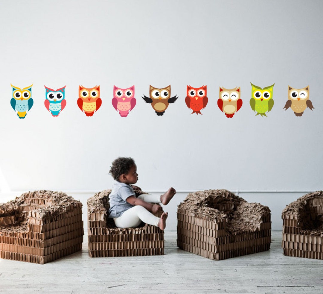 Full Colour Wall Decal Cute Set of Owls Nursery Kids Bedroom Baby Room ...