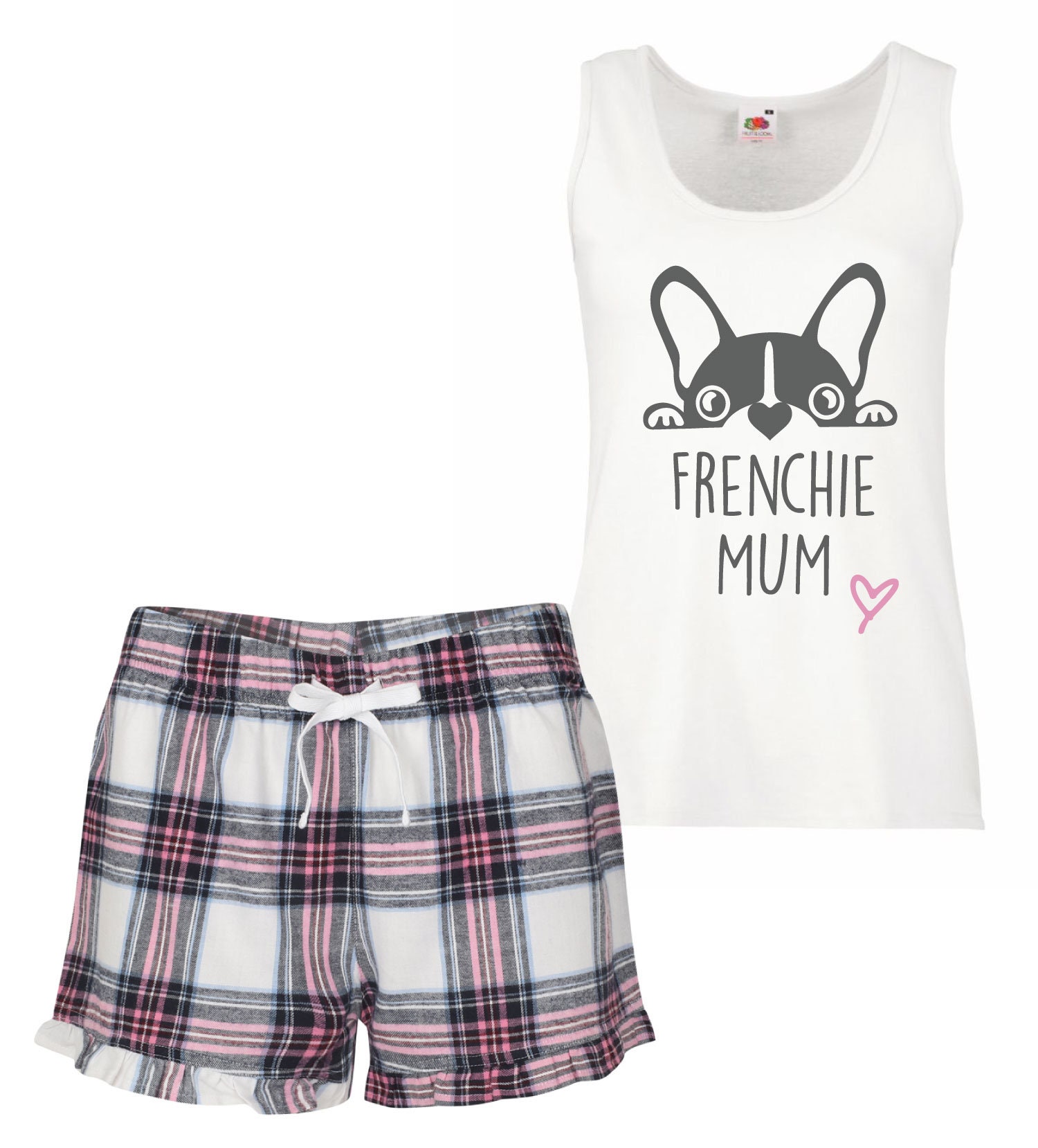 Frenchie Mum PJ s Pyjamas Tartan Frill Shorts French Bulldog