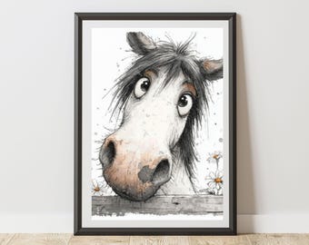 Horse Print Illustration Peeking With Daisies Wall Art Poster, Fun Animal Sketch Decor for Nursery, Kids Bedroom, Playroom, Home