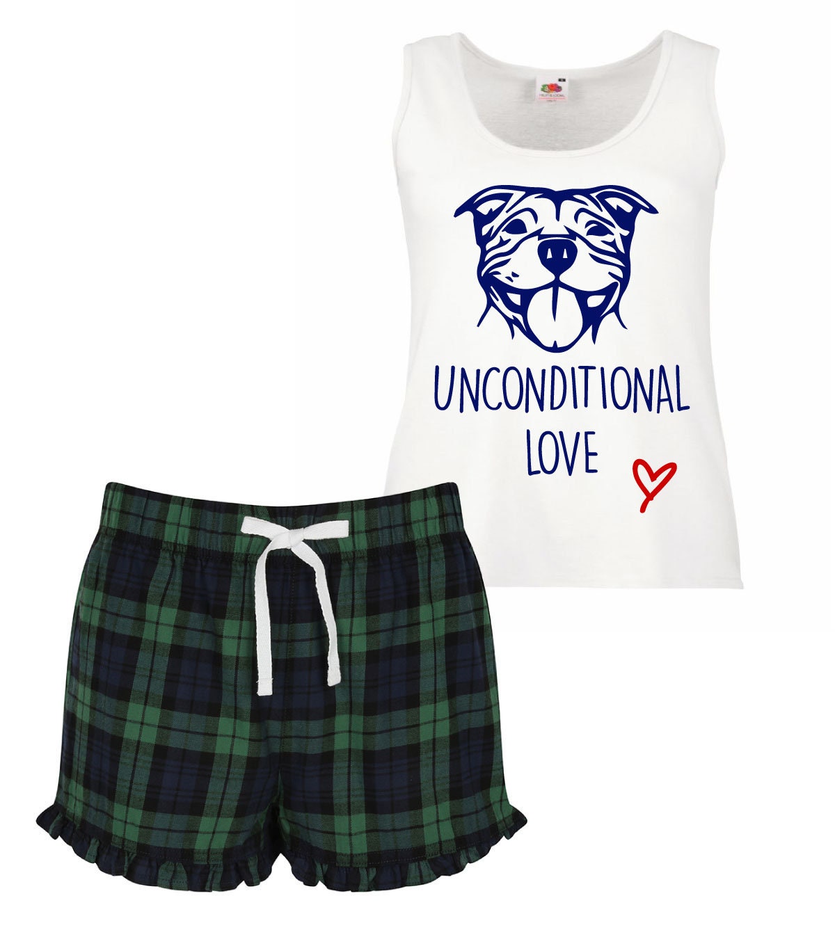 Staffy PJ s Unconditional Love Pyjamas Tartan Frill Shorts Staffordshire Bulll Terrier